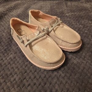Hey Dude Kids Shimmer Moccasins in Light Pink and Silver